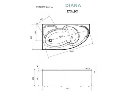 Акриловая ванна 1Marka Diana 170х90 L (комплект)